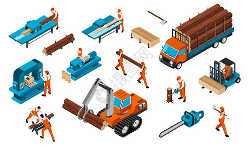 等距锯木厂木工工厂套图标与车辆工具人员统的矢量插图图片