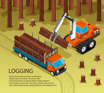 等距锯木厂木工背景成与户外森林风景挖掘机装载树干成卡车矢量插图图片