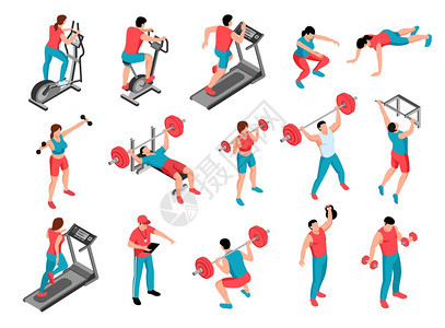 等距健身运动集的人的特征统与体操设备空白背景矢量插图图片