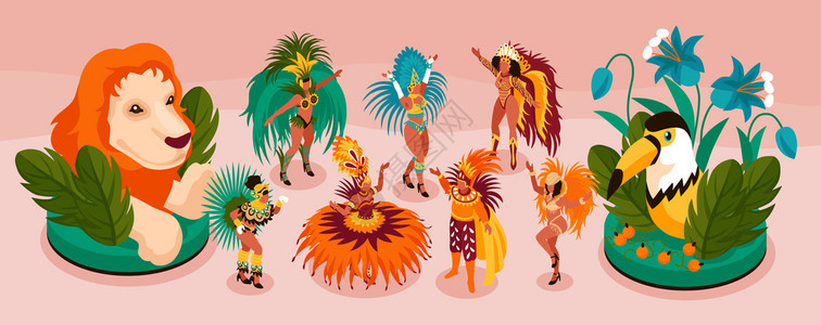 巴西狂欢节等距窄集与旅游趣的符号矢量插图图片