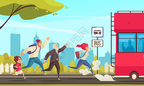 彩色海报说明跑步的人落后于公共汽车城市景观背景卡通矢量插图图片