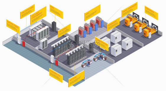 数据中心内部等距成与设备行政室三维矢量插图图片