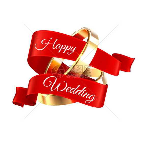 结婚戒指成的红色丝带与可编辑的华丽文本金色戒指空白背景矢量插图图片