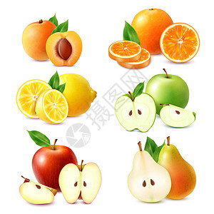 整个切片水果彩色套橙色柠檬苹果桃梨分离白色背景现实矢量插图图片