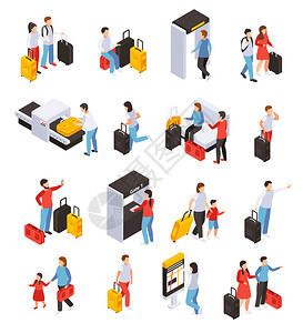 旅行人员图标与行李门票等距隔离矢量插图图片