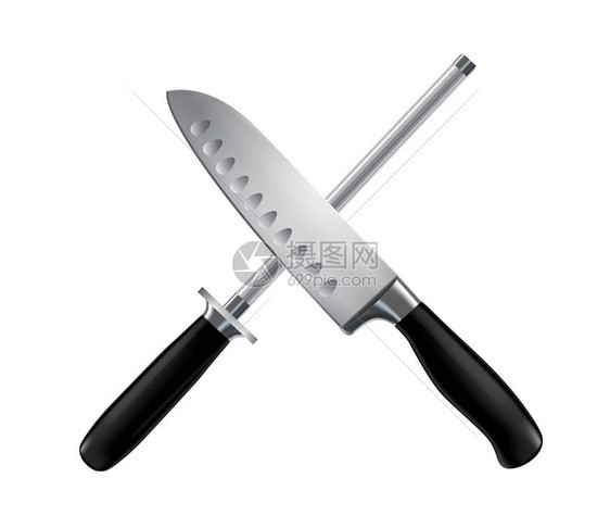 屠夫刀锐化厨师锈钢与黑色手柄交叉现实图像矢量插图图片