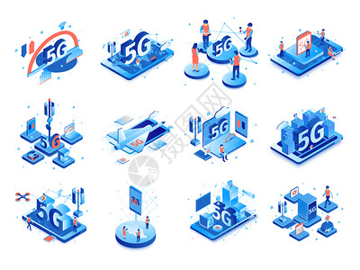 等距5g互联网集与独立成的图标,象形图电子设备的图像与人矢量插图插画