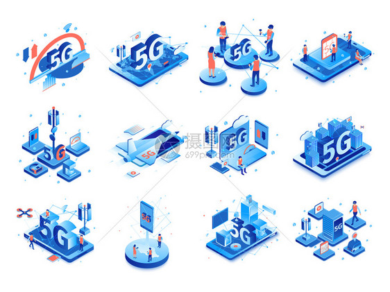 等距5g互联网集与独立成的图标,象形图电子设备的图像与人矢量插图图片