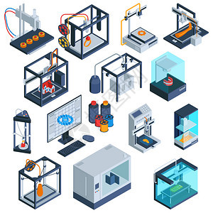 等距三维打印集的孤立三维打印机图像与计算机建模软件加工材料矢量插图图片