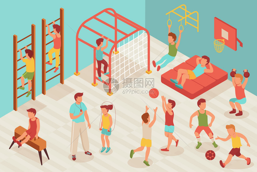 儿童体育健身房等距构成与儿童学校体育馆运动的特征与教师矢量插图