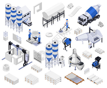 水泥工业套混凝土水泥生产等距图标与车辆,人工业机器空白背景矢量插图插画