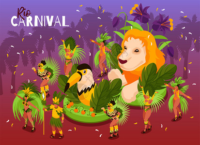 巴西狂欢节庆祝等距构图与难以置信的舞者服装,巨大的狮子巨嘴鸟漂浮节日背景矢量插图图片