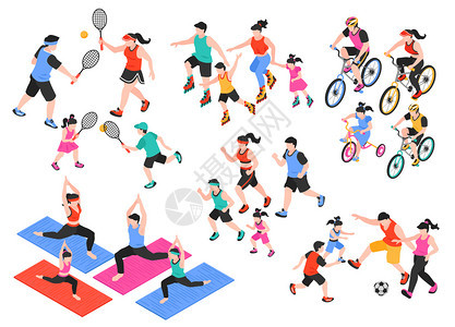 家庭健身等距自行车瑜伽足球孤立矢量插图图片