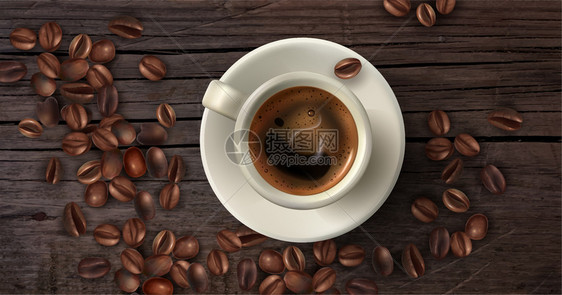 现实的咖啡背景与杯咖啡平风格豆子周围的矢量插图图片