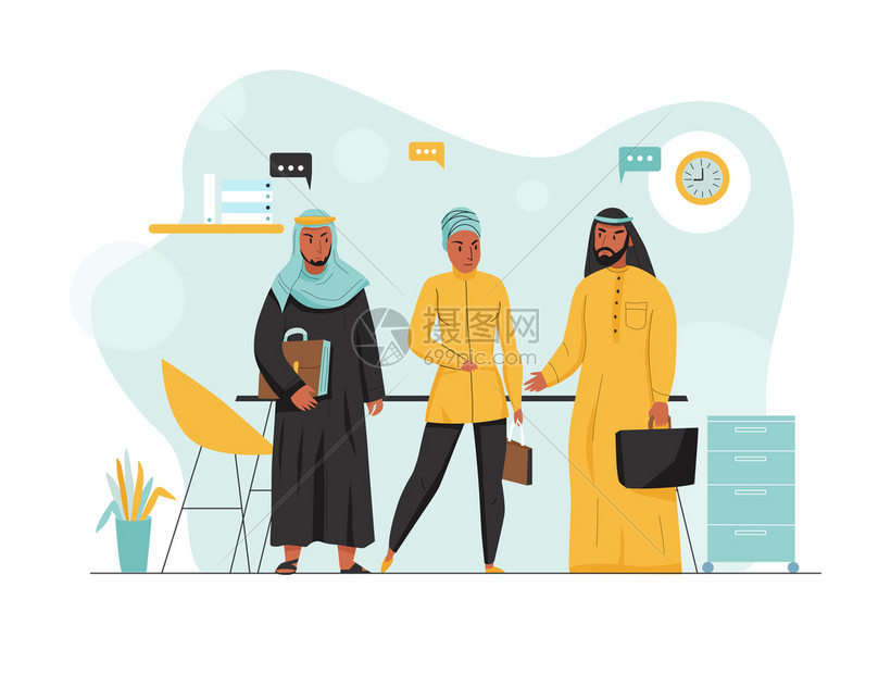 平彩色阿拉伯人的业务成三人办公室矢量插图工作图片