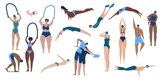 扁平的图标与人游泳潜水训练游泳池隔离白色背景矢量插图图片
