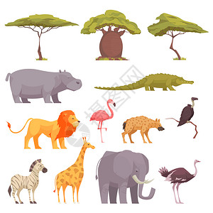 野生动物野生动物,鸟类,树木,平图标收集与猴包树,相思,鳄鱼,斑马,火烈鸟,狮子矢量插图图片