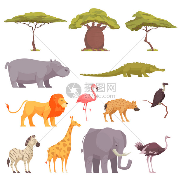 野生动物野生动物,鸟类,树木,平图标收集与猴包树,相思,鳄鱼,斑马,火烈鸟,狮子矢量插图图片
