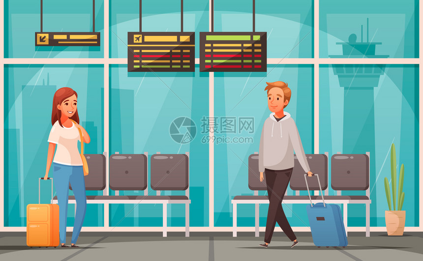 卡通背景与两名乘客的手提箱机场等候大厅矢量插图图片