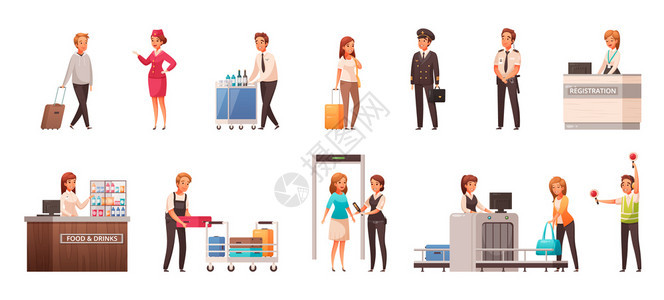 卡通图标乘客工作人员同的情况下机场矢量插图图片