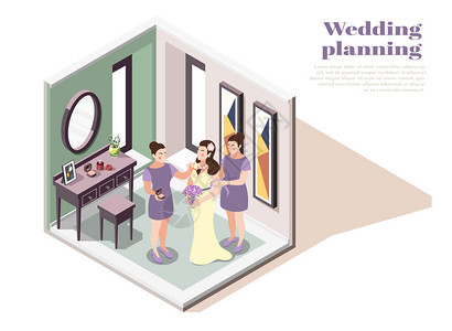 婚礼策划等距构图与女人物准备新娘婚礼仪式矢量插图图片