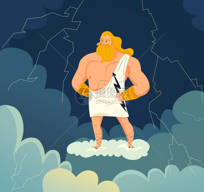 摄图网>插画>背景素材>希腊天空之神雷电宙斯手持闪电卡通矢量插图.