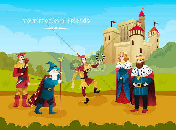 中世纪王国平构图与皇家夫妇杰斯特魔术师弓箭手户外与城堡背景矢量插图图片