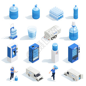 与水输送等距图标的塑料瓶锅炉自动售货机字符的工人矢量插图图片