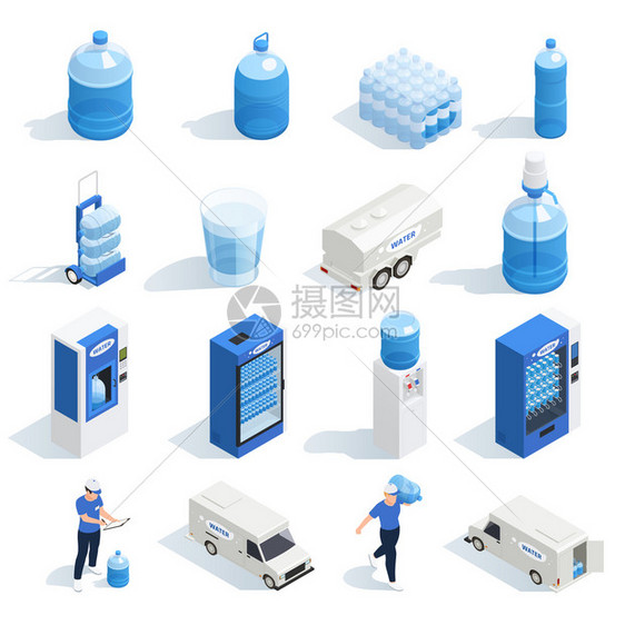 与水输送等距图标的塑料瓶锅炉自动售货机字符的工人矢量插图图片