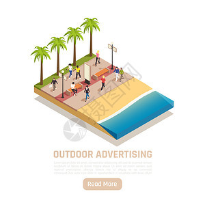 户外广告等距背景与海岸线树木与空广告板人们步行周围的矢量插图图片