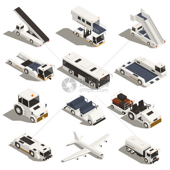 等距机场汽车与客运车辆,空中卡车飞机空白背景矢量插图图片