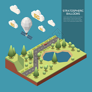 平流层气球飞行分享现代5g互联网三维等距矢量插图背景图片