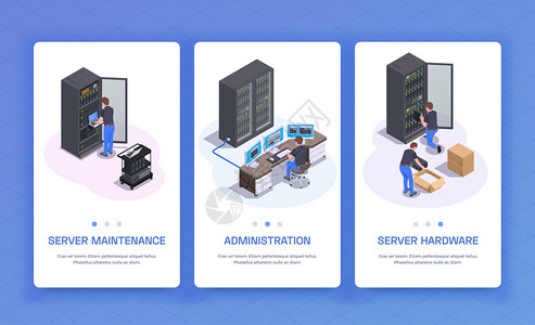 数据中心管理硬件设备服务器维护通信服务3等距垂直横幅蓝色背景隔离矢量插图背景图片