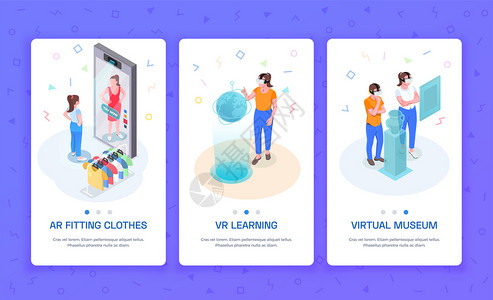 虚拟增强现实3等距垂直横幅与AR尝试服装学VR博物馆矢量插图图片