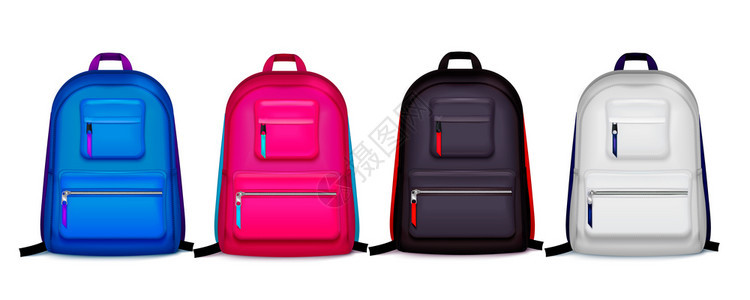 四个现实图像的学校背包同的颜色与阴影空白背景矢量插图图片