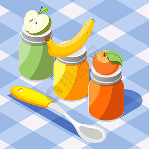 婴儿喂养产品等距彩色合物与苹果香蕉桃果果泥罐子桌布背景矢量插图图片