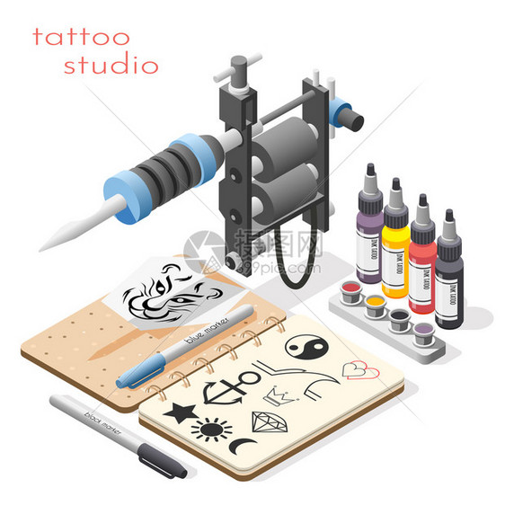 纹身工作室访问工具提供等距构图与墨水草图衬里着色器机器背景矢量插图图片