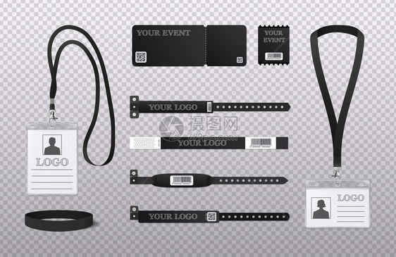 员工公司身份证俱乐部会员活动传递腕带手镯黑色写实透明背景矢量插图图片