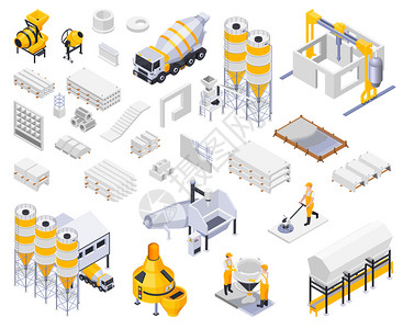 混凝土水泥生产等距图标收集与图像,工业设施的特点,工人矢量插图背景图片