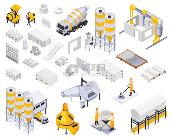混凝土水泥生产等距图标收集与图像,工业设施的特点,工人矢量插图图片