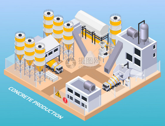 混凝土水泥生产等距成的文本以上的工业场景与工厂建筑矢量图图片
