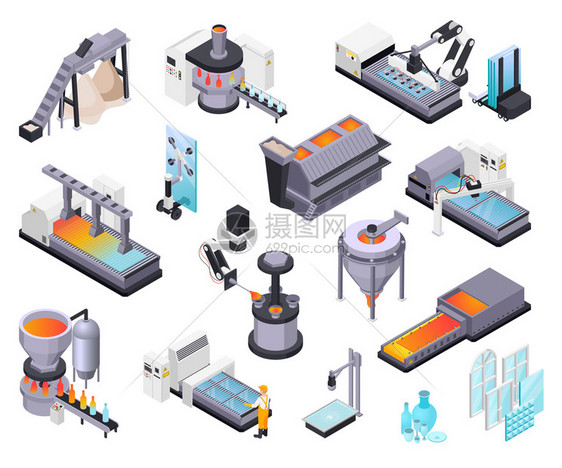 璃生产等距与原材料窗户璃器皿工业生产单位矢量插图的孤立图标图片