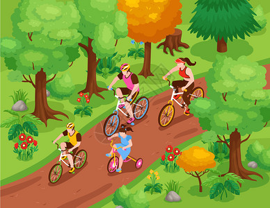 家庭健身等距背景与自行车骑与父母儿童矢量插图图片