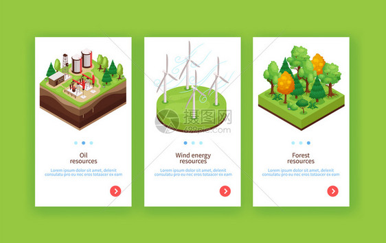 自然环境可持续资源3垂直网页横幅与石油风能木材绿色背景矢量插图图片