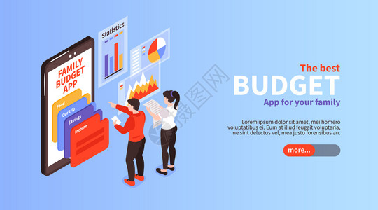 家庭预算收入分配计划应用程序信息等距水平登陆页横幅与智能手机屏幕矢量插图图片