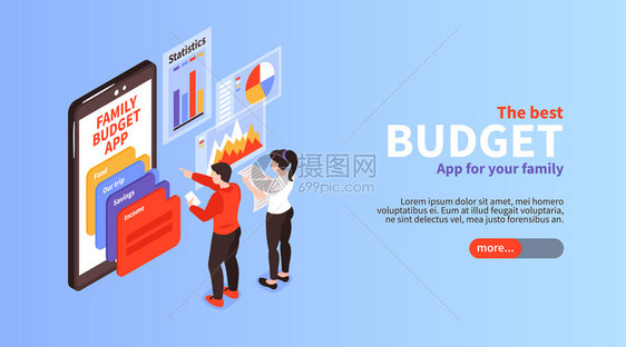家庭预算收入分配计划应用程序信息等距水平登陆页横幅与智能手机屏幕矢量插图图片