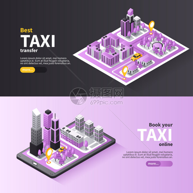 城市出租车线预订服务2水平等距横幅网页3D黑色丁香矢量插图图片