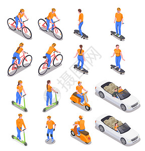 男女用各种个人交通等距图标白色背景三维矢量插图上图片