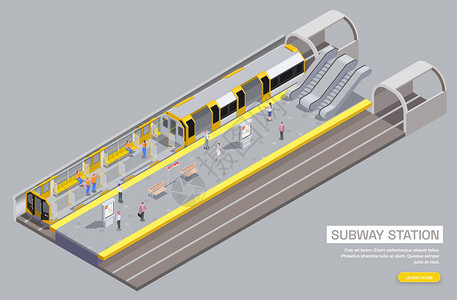 地铁站车厢内部自动扶梯座椅,乘客坐凳,三维等距矢量图背景图片