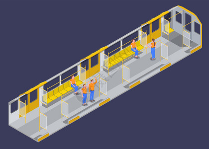 地铁车厢内部与黄色座椅乘客黑暗背景三维等距矢量插图图片